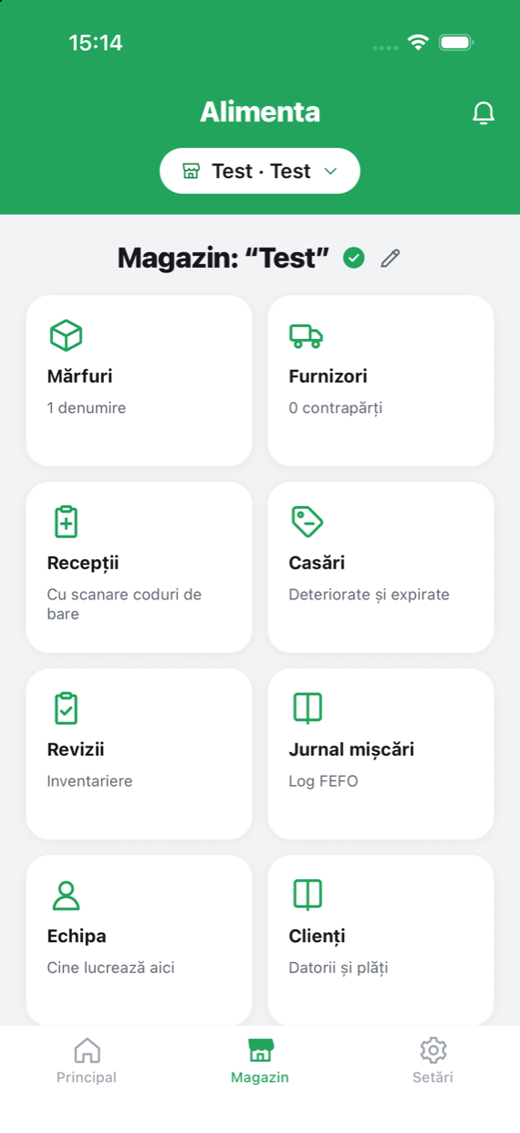 Ecranul magazinului în aplicația Alimenta: mărfuri, furnizori, livrări, casări, revizii și jurnalul mișcărilor.